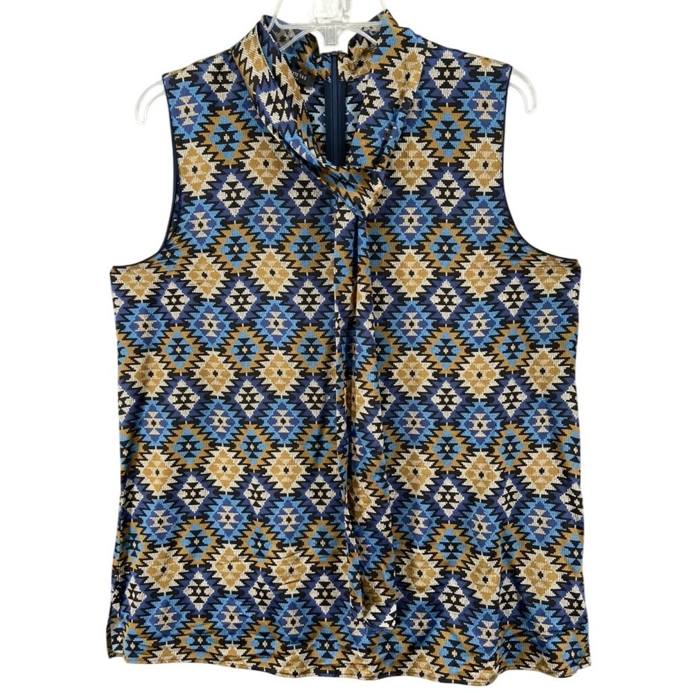 Lafayette 148 Shirt Sz L 100%‎ Silk Tie Neck Sleeveless Blouse Slit Geometric